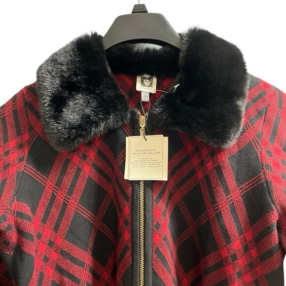 Anne Klein Sweater Jacket M Red Plaid Black Faux Fur Collar Full Zip Cardigan - Picture 2 of 13